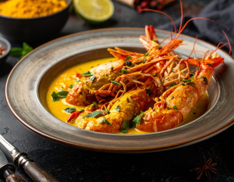 Langoustines au curry et lait de coco